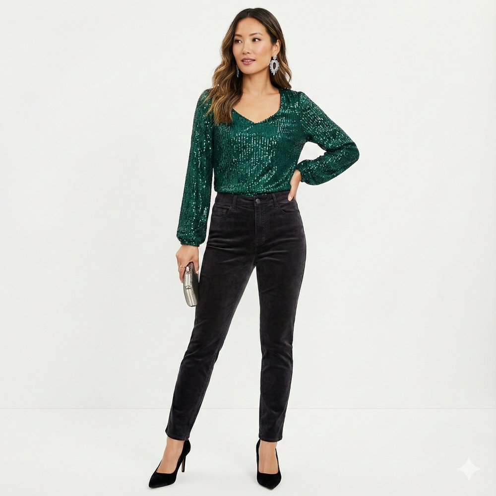 LOFT Black Velvet High Waist Skinny Pants Holiday Party Evening Slim Fit sz 12